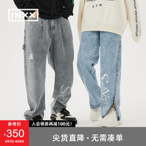 (INXX) STAND TIDE CARDS SPRING JEANS EMBROIDERY PRINT LOOSE 100 LAP FOOT OPEN FORK CASUAL PANTS