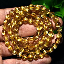 Brazil natural golden crystal bracelet three circle men and women Summer multi circle yellow hair crystal bracelet multi-layer gold titanium crystal 108 Buddha beads