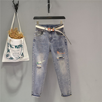 European goods tide letter printing frayed patch eight-point jeans 2021 summer womens new nostalgic nine-point pants