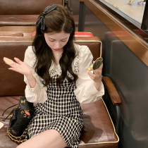 Xiao Xiang socialite wind long sleeve dress female autumn French bubble sleeve doll collar black and white plaid fake two skirt