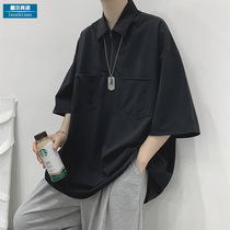 Summer short-sleeved polo shirt mens zipper black ins loose top Lapel tide brand trend casual half-sleeve T-shirt