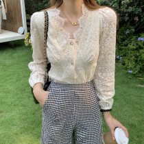 2021 spring early autumn short slim V-neck shirt French style base shirt lace long sleeve temperament top female