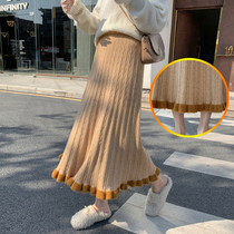Exclusive custom Korean autumn and winter pregnant women knitted skirt long flocked wood ear edge thick wool skirt