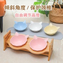Cat bowl ceramic double bowl cat food basin protection cervical spine wooden frame high foot inclined cat drinking water cat food bowl Bowl cat supplies
