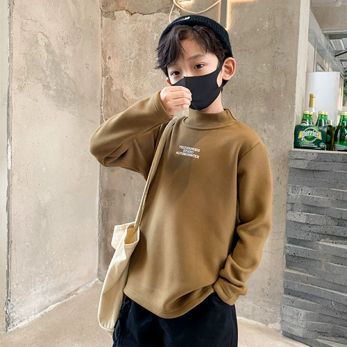 Бархатная демисезонная утепленный лонгслив для мальчиков, детская утепленная футболка, толстовка, высокий воротник, коллекция 2023, подходит для подростков