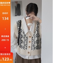 GUIER Jacquard ancient knitted waistcoat women Spring and Autumn vest sleeveless cardigan jacket