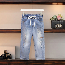 Fat mm loose elastic denim Capri pants women Summer thin embroidery 200 Jin Haren pants elastic high waist pants