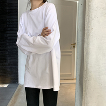 White base shirt female spring and autumn 2021 new long sleeve top Korean loose cotton black round neck T-shirt