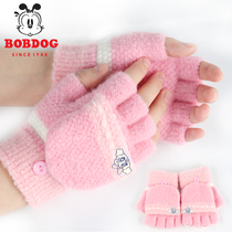 Babu Girl Gloves Winter Knitting Warm Baby Cute Student Wool Flip Cover Five-Finger Children Half Finger Cover