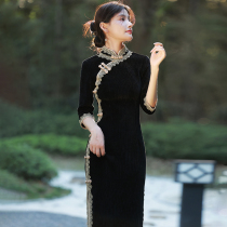 Black modified cheongsam 2021 new young high-end temperament autumn and winter thickened female old Shanghai advanced texture