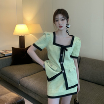 2021 new style port wind vintage chic small fragrant wind air quality slim braided top jacket short skirt two-piece suit summer