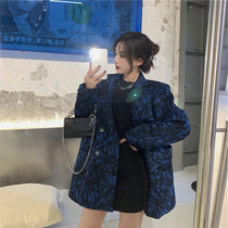 2021 New Korean version of French retro niche pattern loose woolen wild double-breasted blazer women autumn and winter