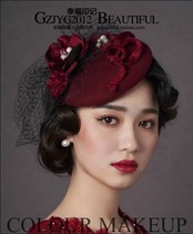 Korean bridal headdress wine red gauze hat dinner cocktail party retro cover hair accessories wedding dress accessories