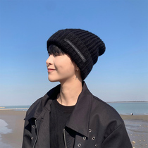 Black hat men winter warm wool hat boys knitted hat big head cold hat loose winter warm pile cap