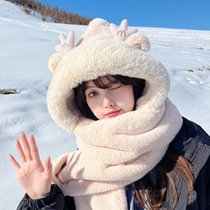 Small Bear Hat Autumn Winter Womens Scarf Gloves All-in-one Cap Winter Scarf Cute Warm Plush Winter Three Sets