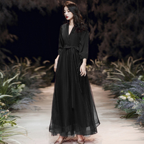 High-end size small evening dress dress women fat mm thin belly cover belly high texture black long chorus performance