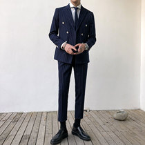  Dongdaemun new striped suit suit mens slim-fit double-breasted Korean suit two-piece groom wedding dress