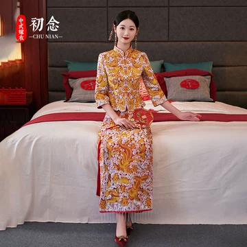 褂皇】龍鳳褂 クワンカワ3XL 花嫁衣装 金刺繍 豪華セット 頭飾り付き 美品