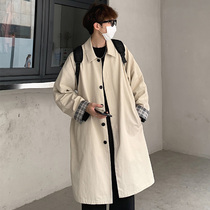 Long windproof coat mens spring and autumn Korean version of loose trend casual coat Tide brand Hong Kong style solid color British style jacket