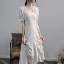 claudie pasey2021 summer new dress womens waist thin v-neck temperament white fairy dress