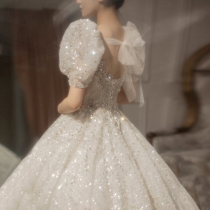 French main wedding dress 2021 New temperament bride thick arm court style luxury long trailing high texture light