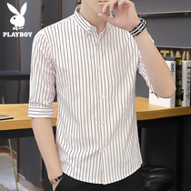 Playboy short-sleeved shirt mens summer thin fashion casual fashion five-and-a-half sleeve striped shirt mens clothing