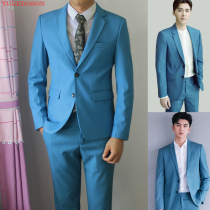  Suit mens Korean slim three-piece suit trend wedding handsome casual British Feng Shui blue mens suit suit