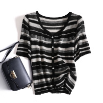 Light and breathable~summer ice hemp knitwear Korean version of Western style cardigan womens age-reducing wild striped short-sleeved t-shirt top