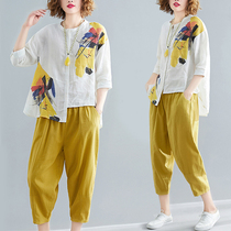 Big Code Cotton Hemp Casual Suit Women Linen Fashion 2022 Summer New Loose Foreign Air Harynn Pants Two Sets