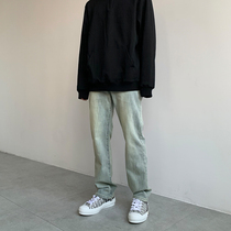 akinzhi yellow clay dyeing male and female elastic jeans washed as old casual pants straight barrel long pants high street ins tide