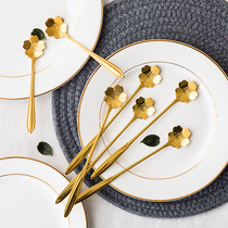 Creative Cute Gold Net Red Cherry Blossom Spoon Petal Spoon Creative European Long Handle Coffee Spoon Small Dessert Mixing Spoon