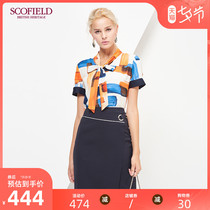 SCOFIELD Women's Commuter Contrast Color Printing Straight Lady's Bow Tie Shirt SFBA72508Q