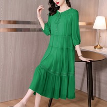 Silk dress female 2023 summer new loose temperament in the long - silk embroidery stitch A - word skirt