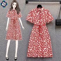 Womens chiffon dress plus size slim summer waist strap with foreign red circle print polo collar shirt skirt