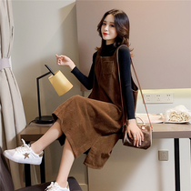 Spring and autumn fashion new corduroy foreign belt skirt pregnant women dress two-piece tide mother high-grade dress