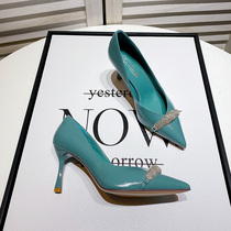Slim heels womens autumn 2021 new wild temperament soft leather patent leather rhinestones pointed shallow single shoes women