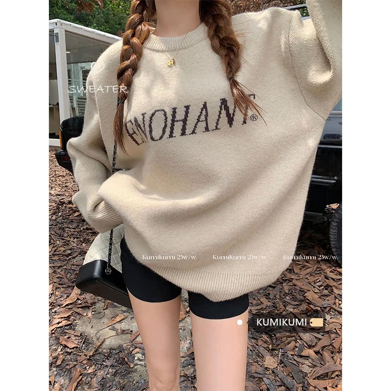 Kumikumi Lazy Wind Soft Sticky Letter Sweater Women's Autumn Loose Pullover Knitted Long sleeved Couple Top