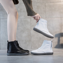  High-top white shoes womens 2021 autumn new all-match flat shoes beef tendon soft leather soft sole double zipper flat shoes