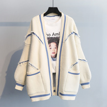 2022 Spring loaded with new Korean version loose English letter Fashion thickened knit in long fur coat cardio-hoodie jacket woman