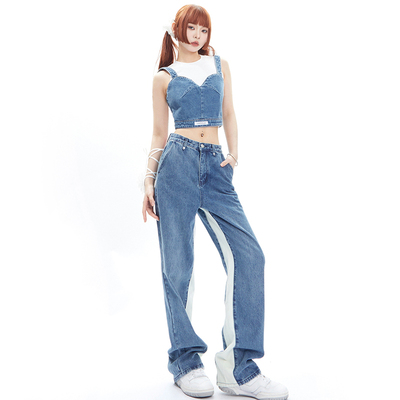 taobao agent Fashionable spring summer set, T-shirt, top with cups, denim jeans, American style