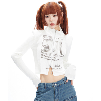 taobao agent Short jacket, spring small design bra top, cardigan with zipper, American style, fitted