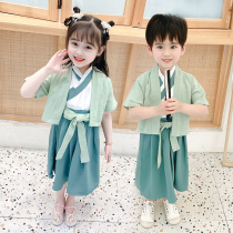 Childrens Hanfu summer boys Chinese style Tang dress Baby Short sleeve suit Children Retro Chinese girls Summer Kimono Skirt