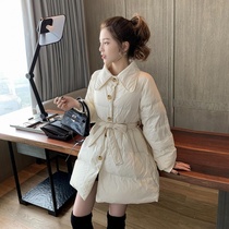 Long temperament waist lace thin solid color 2021 autumn and winter new cotton-padded jacket down bread coat women