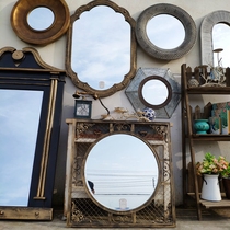 Large collection of solitary products-Foreign trade retro decoration background wall decoration hanging mirror antique wooden iron dressing mirror