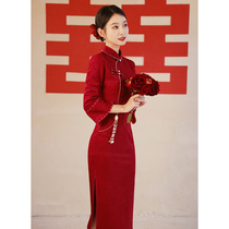 Winter Red Bangrobe Bride Married Toast Long Sleeve Engagement Dresses New Chinese Fall and Winter Wears