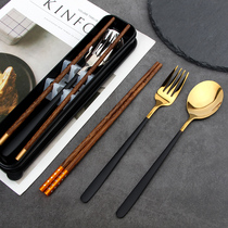 Jianmin wooden chopsticks spoon set portable tableware one person with stainless steel fork spoon single student three-piece set