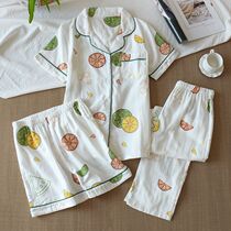 Japanese three-piece pajamas short-sleeved cotton gauze spring and summer cotton womens thin shorts trousers home wear set