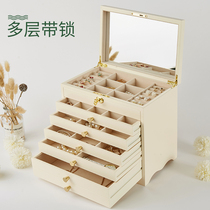 Jewelry box with lock large capacity multi-layer jewelry storage box household high-grade wooden simple jewelry box with mirror