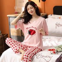 Summer non-deformed pajamas with pockets womens short-sleeved trousers big children 18-year-old girls pure cotton home clothes thin suit