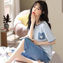 200 kg plus size pajamas womens summer cotton short-sleeved three-point pants two-piece suit loose and thin home clothes to wear outside